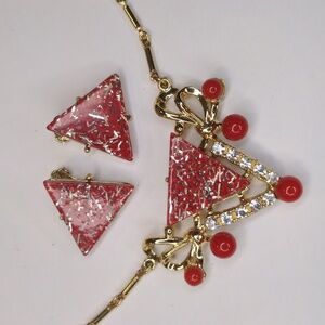 Vintage 60s Art Deco Red Lucite Gold Confetti Necklace Earring Set Modernist